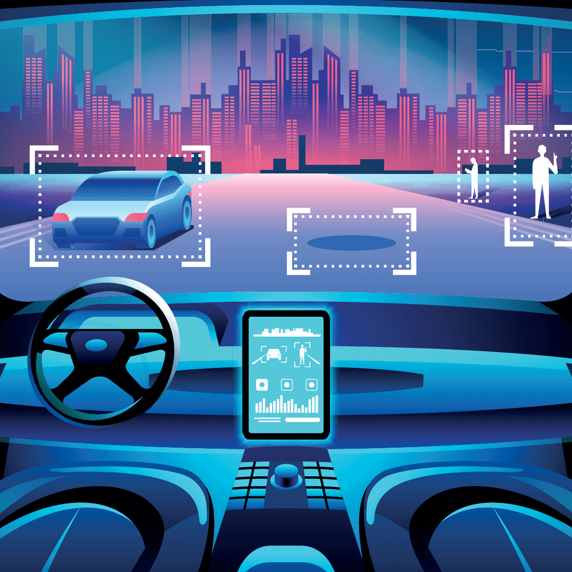 Ilustracion de vista interior de coche autonomo con pantalla virtual
