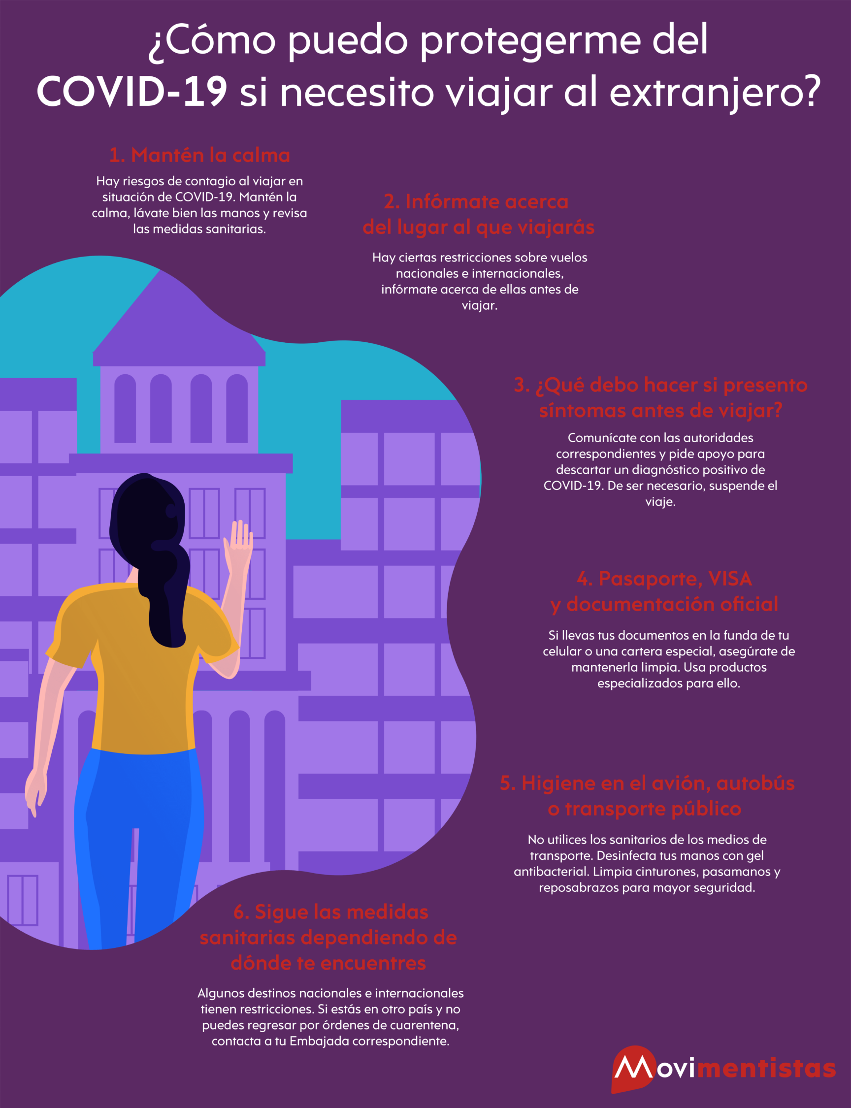 Infografia con 6 pasos para protegerte del COVID-19 si necesitas viajar al extranjero