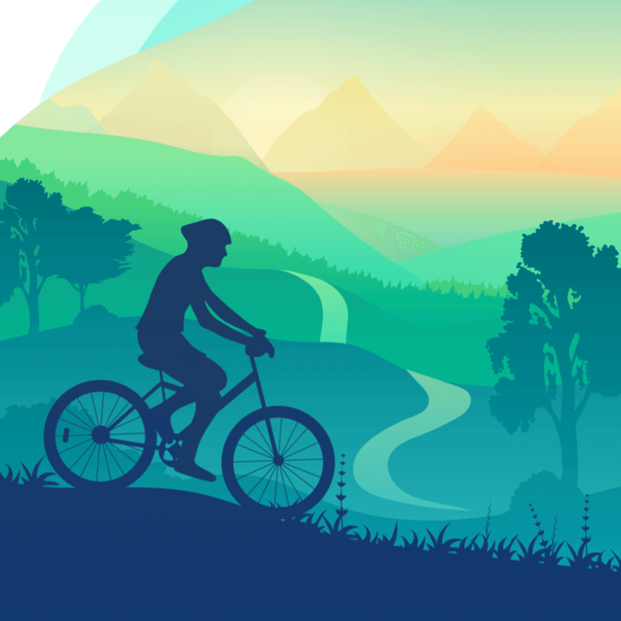 Ilustracion de una persona haciendo cicloturismo en una bicicleta en la montana