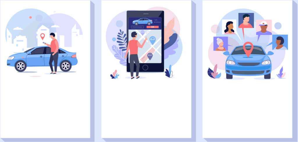 Ilustracion de personas usando servicios de transporte integrado como car sharing y online booking