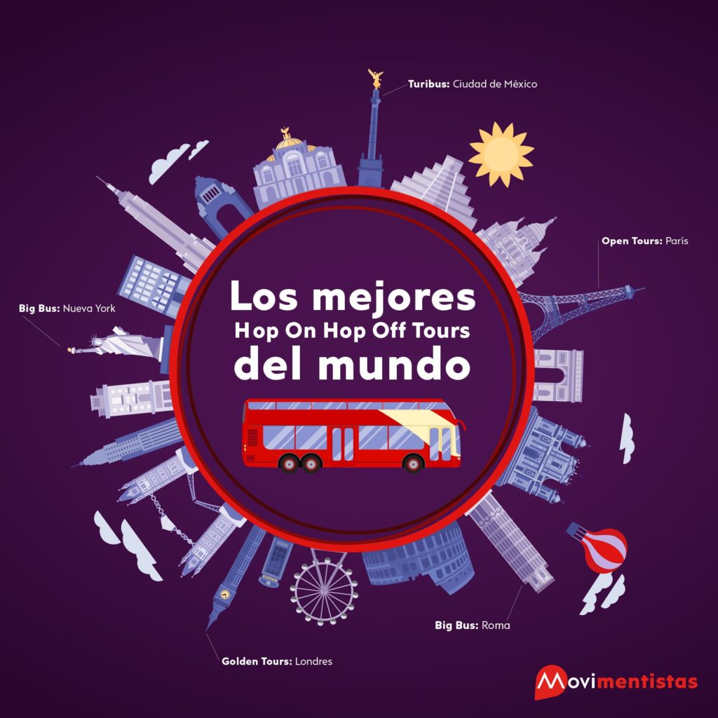 Infografia con 5 ciudades del mundo, sus monumentos mas famosos y sus autobuses turisticos con servicio tipo Hop On Hop Off