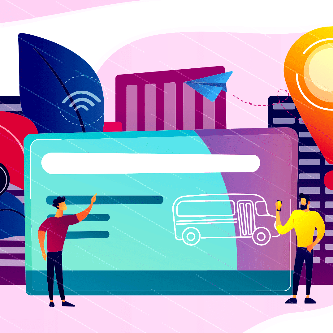 Ilustracion de dos personas en frente de una tarjeta inteligente de transporte con el fondo de una parada de autobus en la ciudad