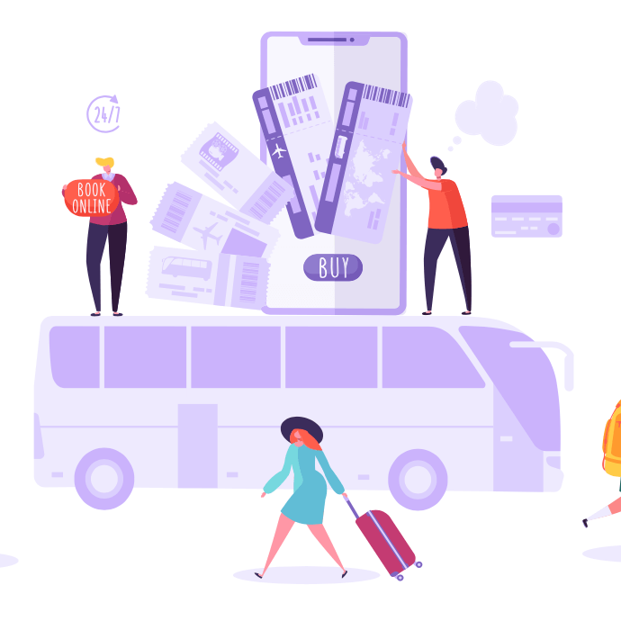 Ilustracion de gente alrededor de un autobus comprando boletos en linea desde una aplicacion movil