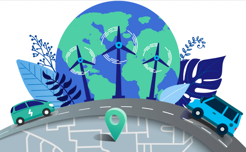 Ilustracion de un globo terraqueo y una carretera con vehiculos electricos cero emisiones
