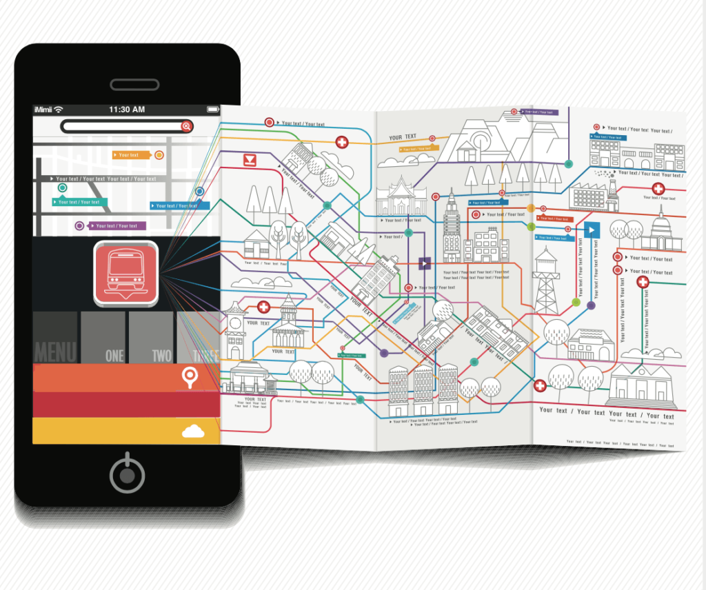 Ilustracion de un celular con la pantalla de una aplicacion de movilidad como servicio con un mapa con informacion sobre rutas