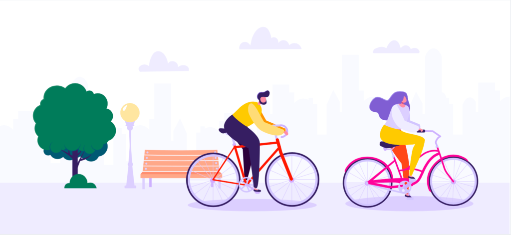 Ilustracion de dos personas usando bicicletas en un parque