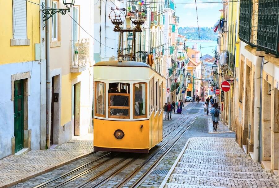 Fotografia del tranvia amarillo de Lisboa por la calle, uno de los tranvias mas conocidos del mundo