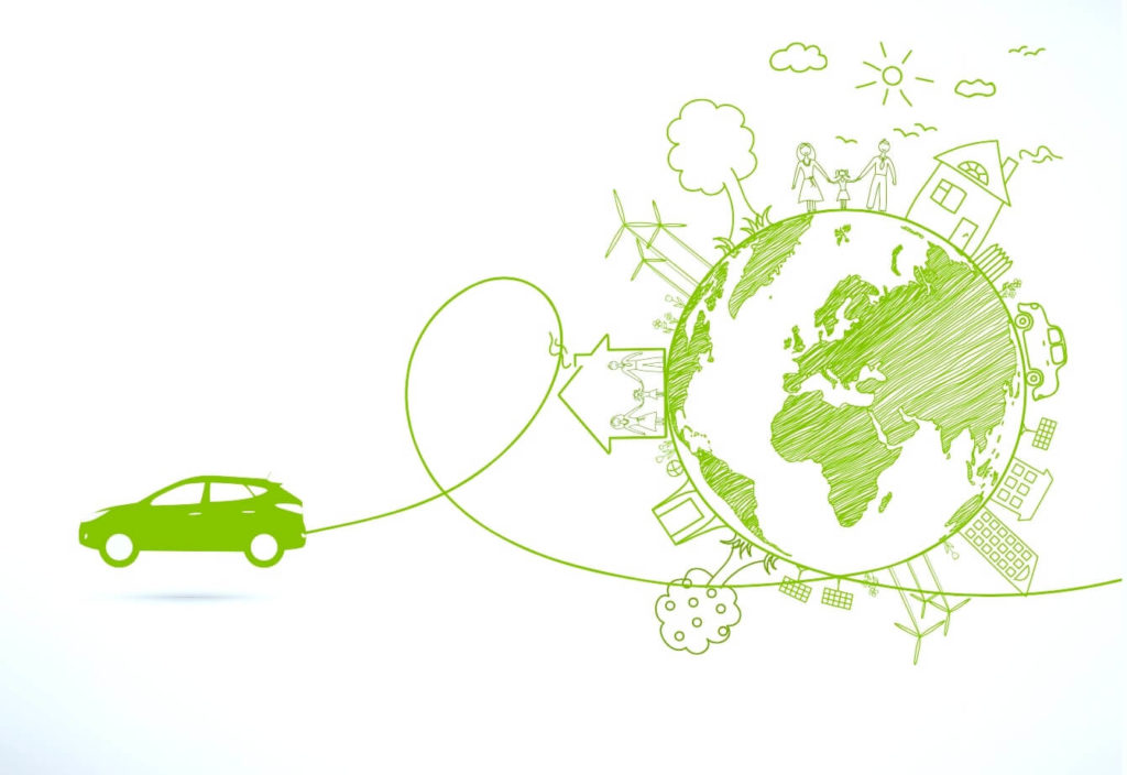 Ilustracion de un auto verde teniendo una conduccion eficiente, atras el planeta tierra rodeado de naturaleza, casas y fuentes de energía renovables.