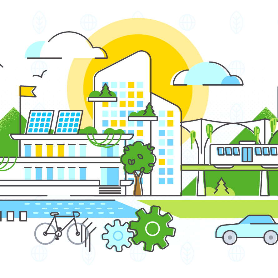 Ilustracion de un vehiculo electrico, una bicicleta y edificios con energias limpias en una ciudad que invirtio en movilidad sustentable