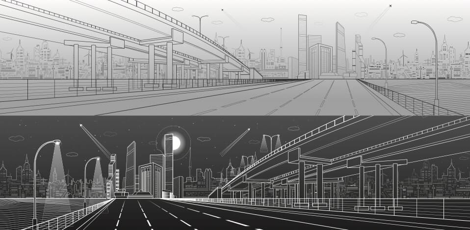 Boceto en blanco y negro de la infraestructura urbana con edificios, pasos elevados de transporte y carreteras por el dia y la noche